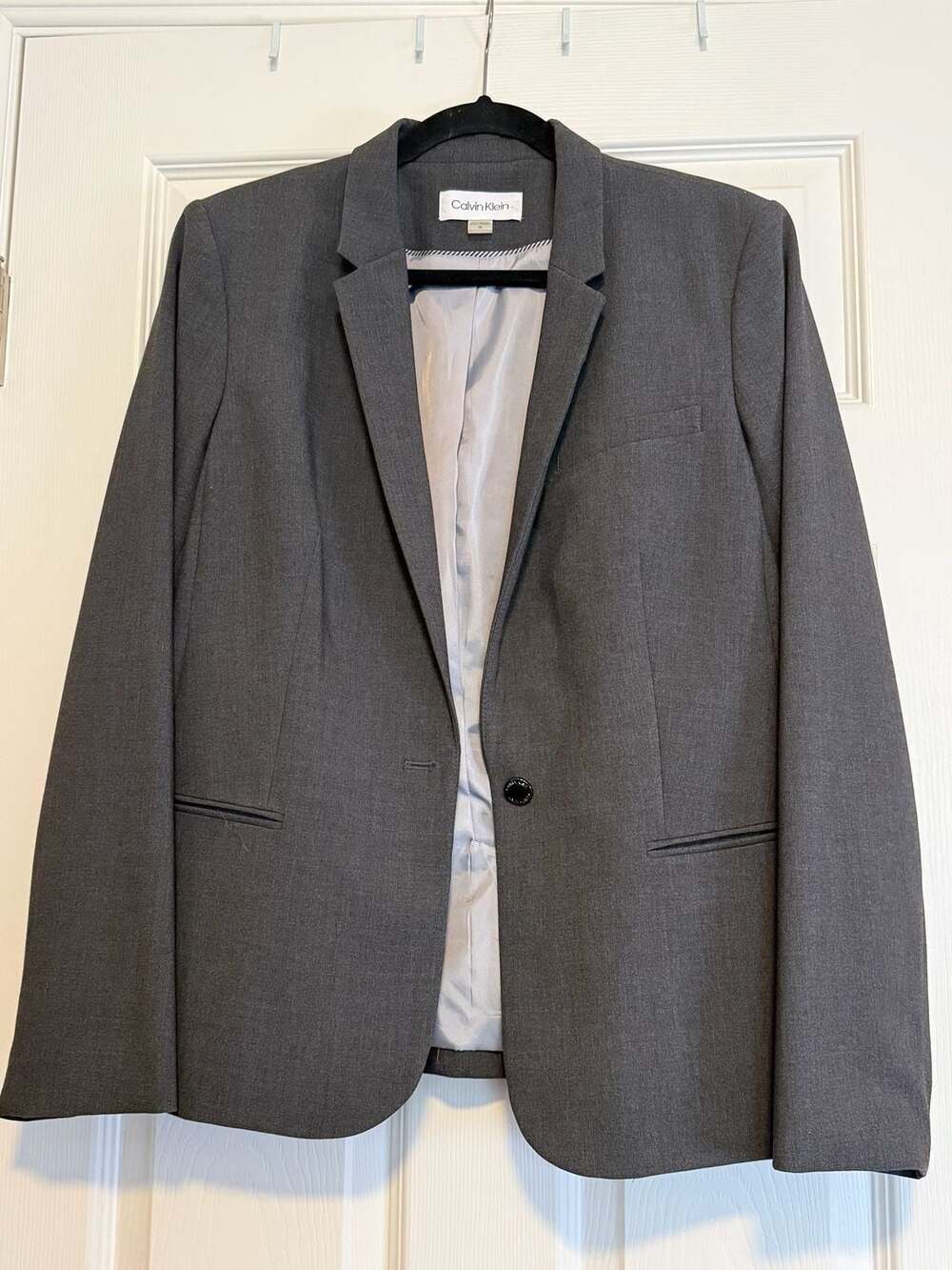 Calvin Klein Women's Grey One-Button Lined Career Blazer Jacket Size 14